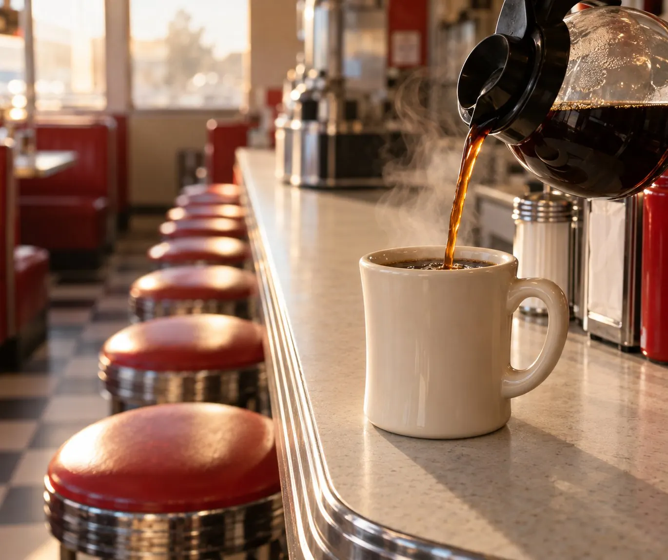 Fresh coffee being poured into a diner mug