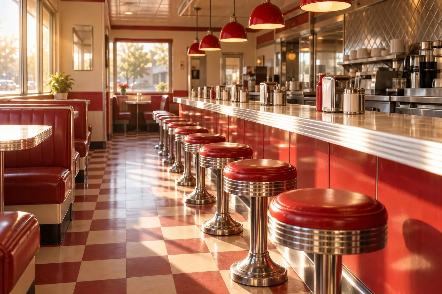 Classic American diner interior with red counter stools