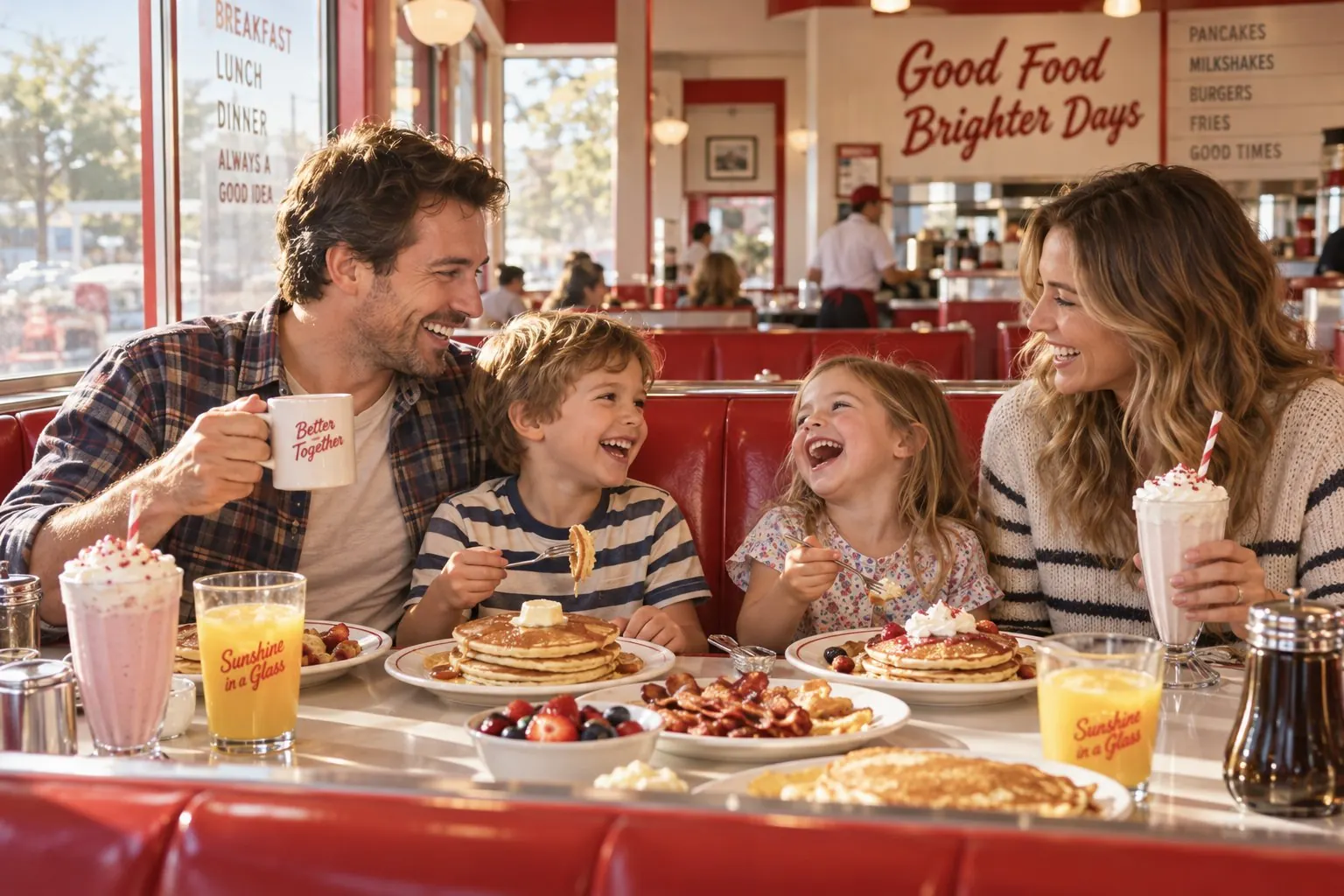 Two happy kids enjoying waffles for breakfast