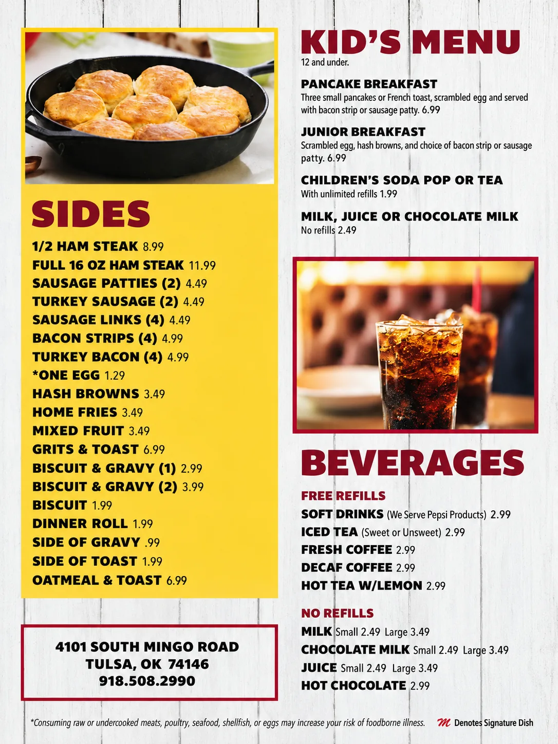 Mom's Family Diner menu page 3: breakfast sides like ham steak, bacon and biscuits & gravy, kids breakfast menu and beverages with prices