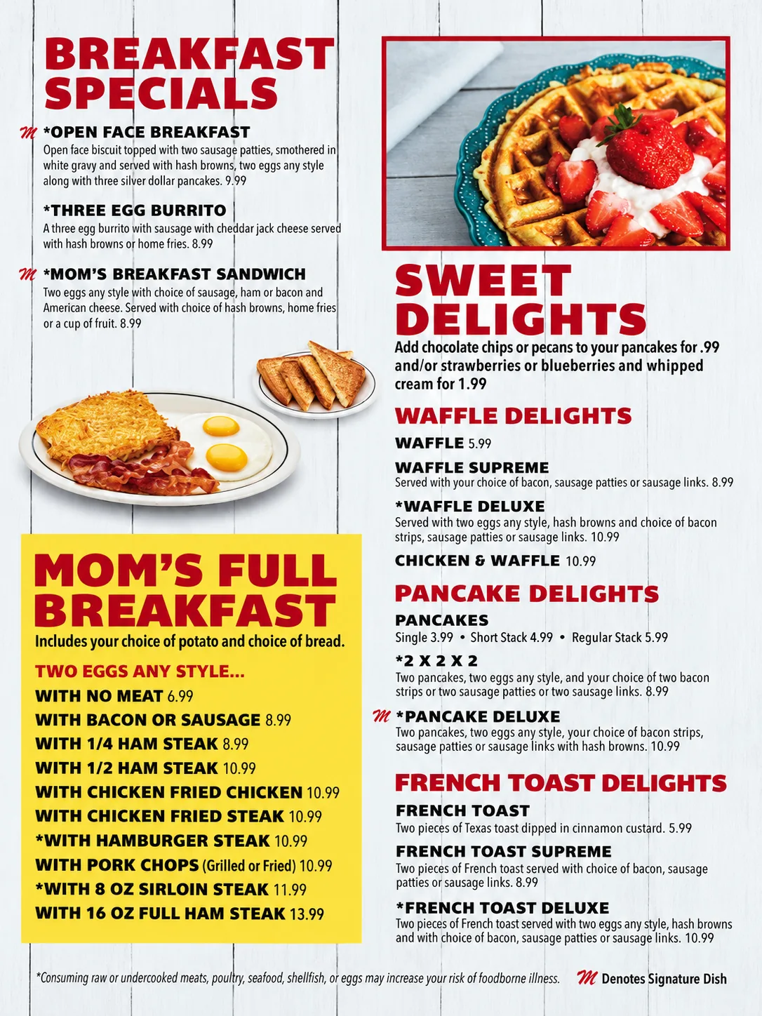 Mom's Family Diner menu page 1: breakfast specials, Mom's full breakfast with two eggs any style, and waffles, pancakes and French toast with prices