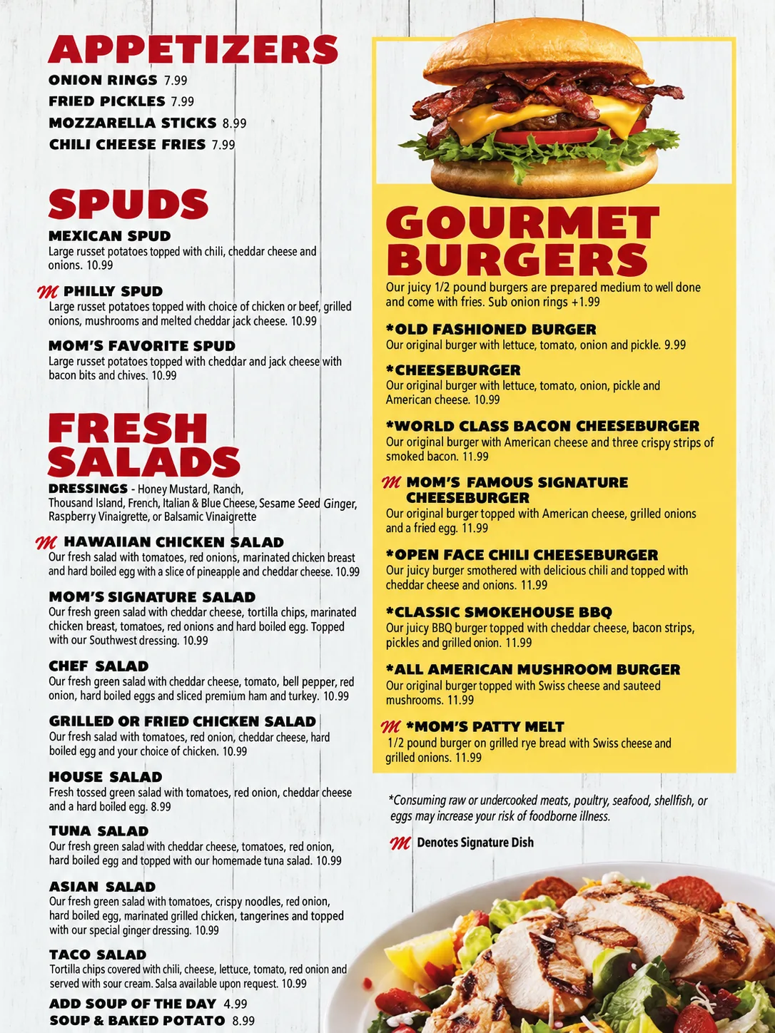 Mom's Family Diner menu page 4: appetizers, loaded spuds, fresh salads and half-pound gourmet burgers with prices
