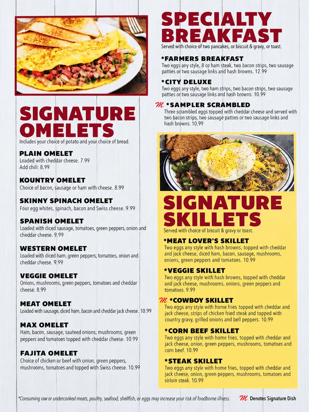 Mom's Family Diner menu page 2: signature omelets, specialty breakfast plates and signature skillets with prices