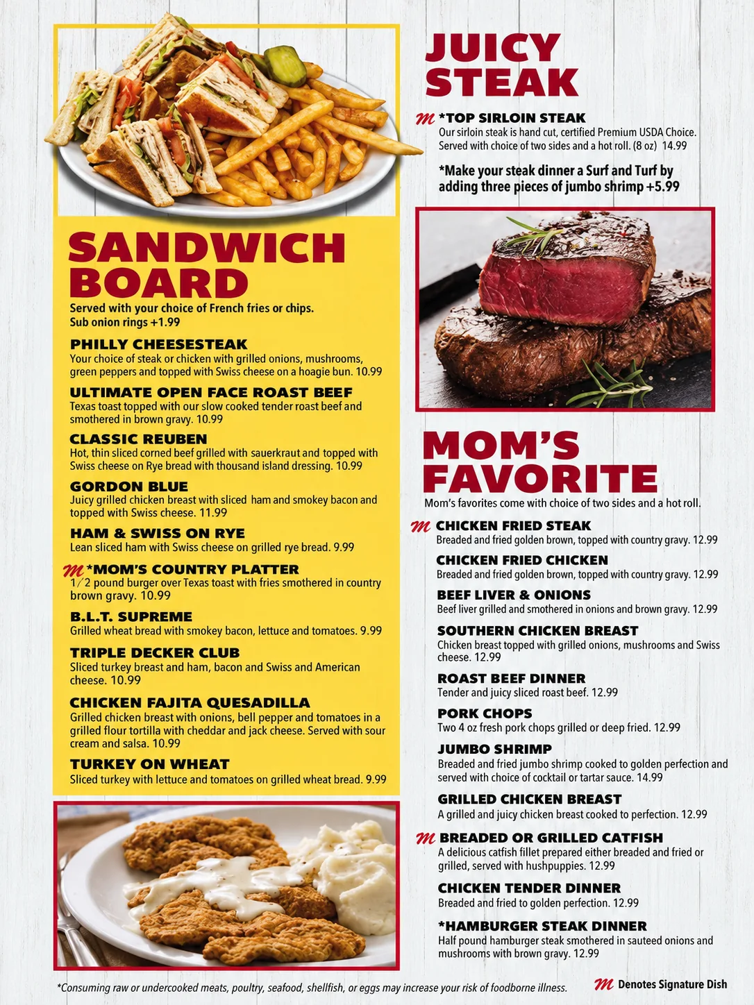 Mom's Family Diner menu page 5: sandwich board, top sirloin steak and Mom's favorite dinner plates like chicken fried steak with prices