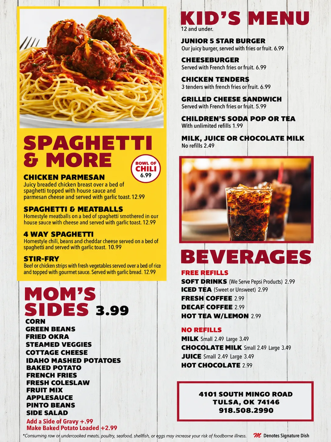 Mom's Family Diner menu page 6: spaghetti and more, kids menu, Mom's sides and beverages with prices